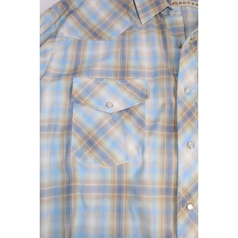 Roper Men's Cowboy Shirt L Blue Tan Plaid Western Pearl Snap Casual Fit Relaxed - Picture 9 of 15